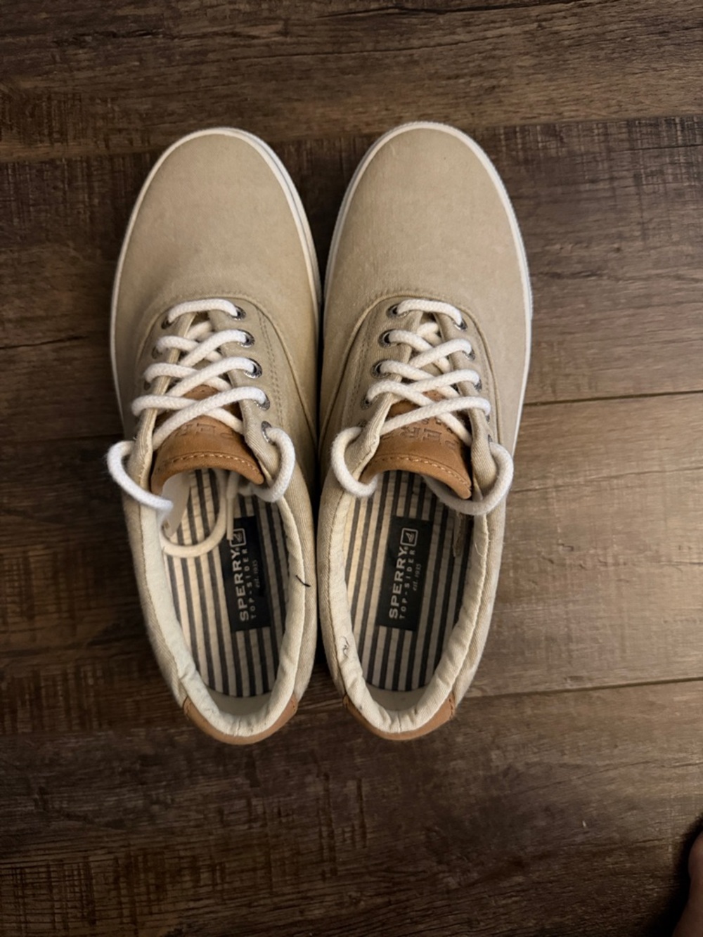 Sperry Men’s Tan Canvas Boat Shoes with White Soles